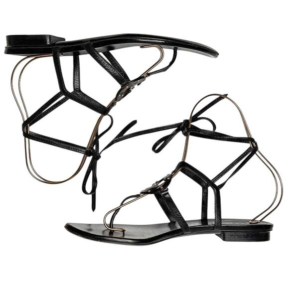 Gucci Interlocking G Black Leather Strappy Ankle Wrap Logo Thong Sandals Size 8B - Picture 7 of 11
